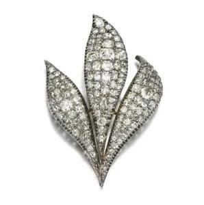 Three Lily Leaves Set With Lab-Created Cushion & Circular Cut Diamonds Brooch