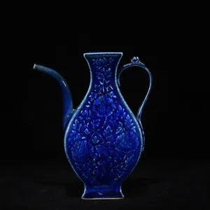 8.3" China Antique Porcelain yuan dynasty Blue glaze peony flower Square Teapot