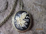 LILY OF THE VALLEY CAMEO LOCKET -ANTIQUE BRONZE, CREAM, VINTAGE LOOK, QUALITY,B2
