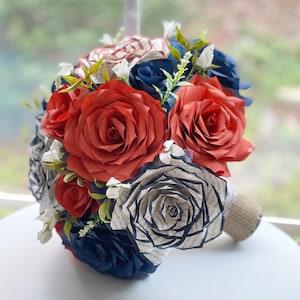 Navy blue and orange filter paper flowers with tipped book page rose bouquet - colors are customizable