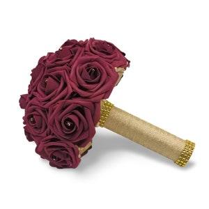 Burgundy and Gold Bridal Bouquet, Bridesmaid Bouquet, or Toss Bouquet, Matching Boutonnieres and Corsage, Custom Colors Available