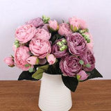30cm Rose Pink Silk Bouquet Peony Artificial Flowers 5 Big Heads 4 Small Bud Bride Wedding Home Decoration Fake Flowers Faux