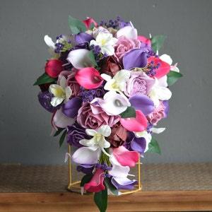 Purple Pink Wedding Bouquets, Fuchsia Real Touch Calla Lilies, Roses, White Orchids, Purple Baby's Breath, White Boutonnieres