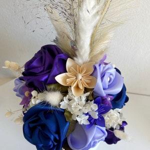 Kusudama Origami Paper Flowers, Ribbon Rose Bouquet, Navy Roses, Lavender Deep Purple Coloured Flowers, Cream Paper Flowers, Unique Presents