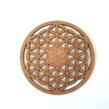 Handcrafted flower of life in laser cut wood with seed of life engraving, stone and jewelry refill, customizable.