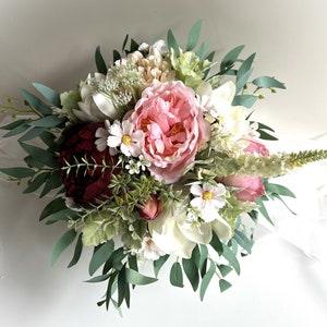 Wedding Bouquet Burgundy Peony White Magnolia Dusty Pink Rose Cosmos Eucalyptus Bridal Weddings Bouquet Faux Silk Garden Flowers Artificial