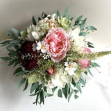 Wedding Bouquet Burgundy Peony White Magnolia Dusty Pink Rose Cosmos Eucalyptus Bridal Weddings Bouquet Faux Silk Garden Flowers Artificial
