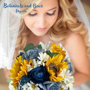 Dusty Blue Bridal Bouquet with Sunflowers Dusty Blue and Navy Bride's Bouquet Navy Ranunculus Dusty Blue Roses and Sunflowers Maid's Bouquet