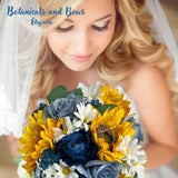 Dusty Blue Bridal Bouquet with Sunflowers Dusty Blue and Navy Bride's Bouquet Navy Ranunculus Dusty Blue Roses and Sunflowers Maid's Bouquet