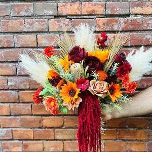 Banksia bouquet, Orange sunflower bouquet, Dried flower bouquet, Burgundy peonies bouquet, Fall wedding flowers, Silk wedding bouquet