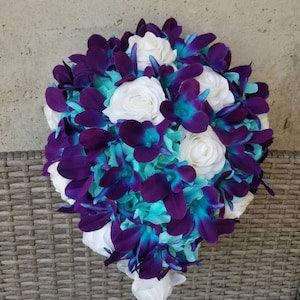 Galaxy orchid bridal bouquet, turquoise blue island orchid bouquet, white real touch rose, island orchids