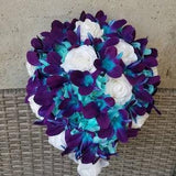 Galaxy orchid bridal bouquet, turquoise blue island orchid bouquet, white real touch rose, island orchids