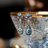 Peony Flower Burnt Blue Earrings Ornaments Ethnic Style Retro Female Earrings