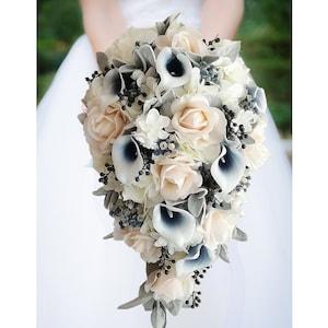 Navy Ivory Grey Cascade Bridal Bouquet - Navy Picasso Callas Real Touch Roses Cherry Blossoms - Add a Groom's Boutonniere Bridesmaids & More