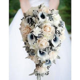 Navy Ivory Grey Cascade Bridal Bouquet - Navy Picasso Callas Real Touch Roses Cherry Blossoms - Add a Groom's Boutonniere Bridesmaids & More