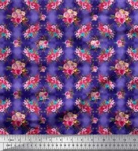 Soimoi Blue Cotton Poplin Fabric Feather & Ranunculus Floral Decor-rF2