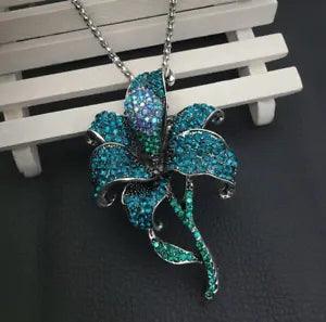 Fashion Blue Green Crystal Rhinestone Lily Flower Pendant Necklace/Brooch