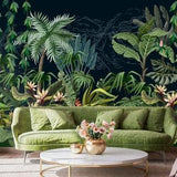 Dark tropical jungle wallpaper, vector art, exotic trees and plants | Self Adhesive | Peel & Stick | Removable