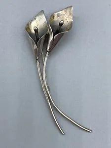 Vintage Stuart Nye Two Calla Lily Flowers Sterling Silver Pin Brooch