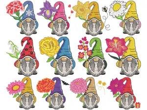 Flowers and Gnome of the Month Embroidered Quilt Blocks, Hand Made