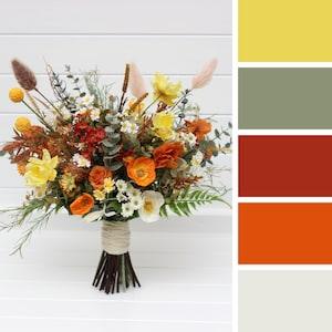 Wildflowers bouquet Spring summer wedding  flowers Burnt orange yellow ivory bridal bouquet Silk flowers  Chamomiles poppies bouquet