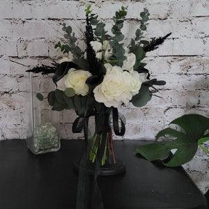 Black and white Brides wedding bouquet with Real touch eucalyptus