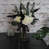 Black and white Brides wedding bouquet with Real touch eucalyptus