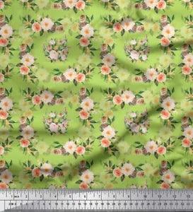 Soimoi Green Cotton Poplin Fabric Begonia & Peony Floral Printed-iC7