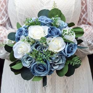 Wedding Bouquet Blue, Artificial Steel Blue Dusty Blue white Bridal Bridesmaids Bouquets, Boho Bouquet Silk, Faux Wedding Flowers, Silk