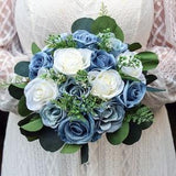Wedding Bouquet Blue, Artificial Steel Blue Dusty Blue white Bridal Bridesmaids Bouquets, Boho Bouquet Silk, Faux Wedding Flowers, Silk