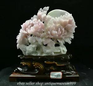 18" Natural Pink Xiu Jade Jadeite Carving subshrubby peony flower Birds Statue