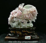18" Natural Pink Xiu Jade Jadeite Carving subshrubby peony flower Birds Statue
