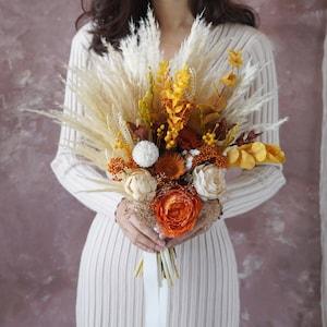 Yellow and Orange, Autumn Style, Boho Wedding/ Bridal flower bouquet, Pampas Grass Bouquet, Dry Flower Arrangement