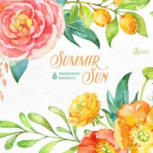 Summer Sun: 6 Watercolor Bouquets, popies, ranunculus, peonies, floral wedding invitation, greeting card, diy clip art, flowers, fruits, sun