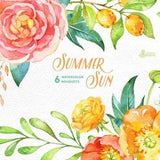 Summer Sun: 6 Watercolor Bouquets, popies, ranunculus, peonies, floral wedding invitation, greeting card, diy clip art, flowers, fruits, sun