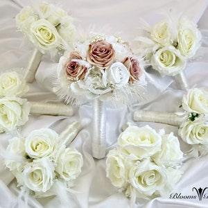 Wedding bouquet Package,  Brooch and Feather Bridal bouquet Set, Bridesmaids bouquets Set,  Peony bouquet