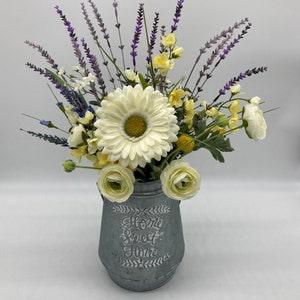 Farm style silk floral arrangement, ranunculus and lavender, country style floral, home sweet home decor, yellow and white floral