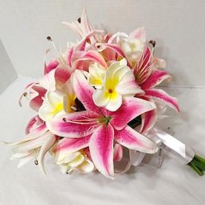 Bright & Bold Tropical Wedding Bouquet with Real Touch Stargazer Lily and Plumeria, Hand Tied with Satin Ribbon - Artificial Bridal Bouquet