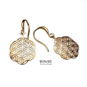 Flower earrings, 14K solid yellow gold dangle earrings, floral shape, romantic delicate 'seed of life' earrings. flower of life gold earring