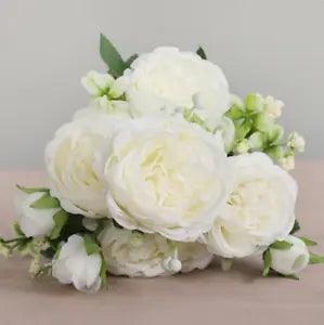 Artificial Silk Peony Rose White 30cm Fake Bouquet 5 Big Heads 4 Buds