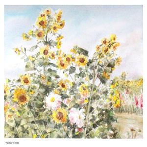Sunflower Field, Watercolour Floral Landscape Richmond BC Canada Landscape Giclee Fine Art Print, 8x8, Dahlias, Gladiolus, customizable gift