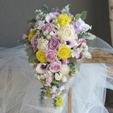 Lilac And Yellow Cascading Wedding Bouquet, Dusty Lilac, Lavender Real Touch Flowers, Handmade Bridal Bouquets, Purple Wedding Bouquet
