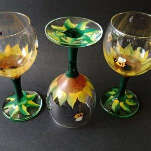 Beautiful Hand Painted Bee and Sunflower Wine Glasses