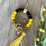 Sunflower Silicone & Wooden beads wristlet keychain, with yellow tassel and gold lobster clasp