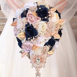 Blush pink and Navy blue wedding bouquet. Rose gold brooch bouquet. Cascade bridal bouquet. Bridesmaid package, boutonniere