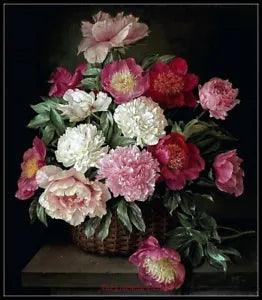Peonies in Basket - Chart Counted Cross Stitch Patterns Needlework DIY DMC Color