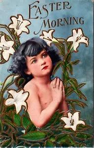 Easter Postcard Young Child Surrounded by Easter Lily Flowers Praying