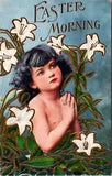 Easter Postcard Young Child Surrounded by Easter Lily Flowers Praying