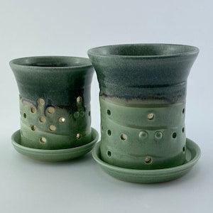 Orchid Pots in Green, Orchid Pot with Holes, Porcelain Orchid Pot with Saucer, Orchid Pot with Unglazed Interior