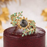Nature Inspired Back Rutilated Quartz Engagement Ring Set Sunflower Design Citrine Wedding Ring Emerald Leaf Enhancer Rings Valentine's day